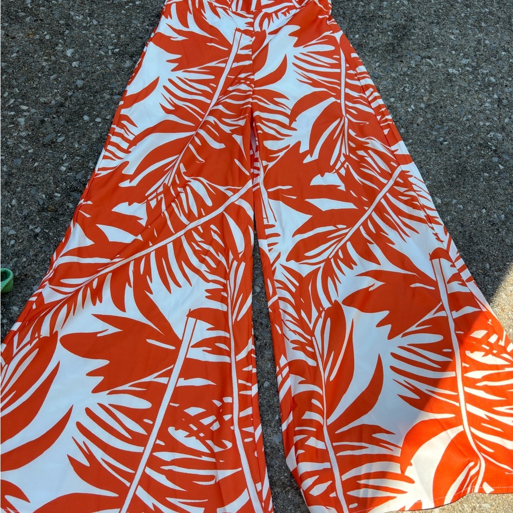 SHEIN Orange and White Wide Leg Pants with Tropical Print